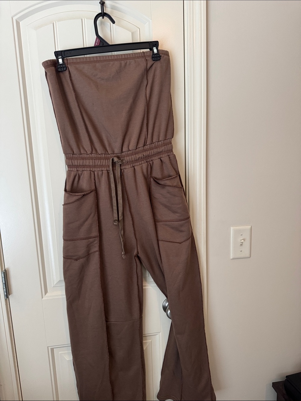 Strapless Drawstring Pocket Jumpsuit in Brown